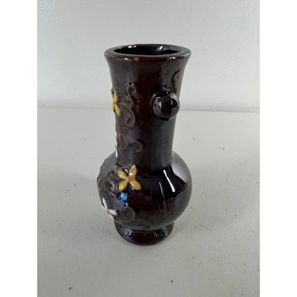 Vintage Made in Occupied Japan Miniature Bud Vase Brown‎ Moriage Floral 4 Inch